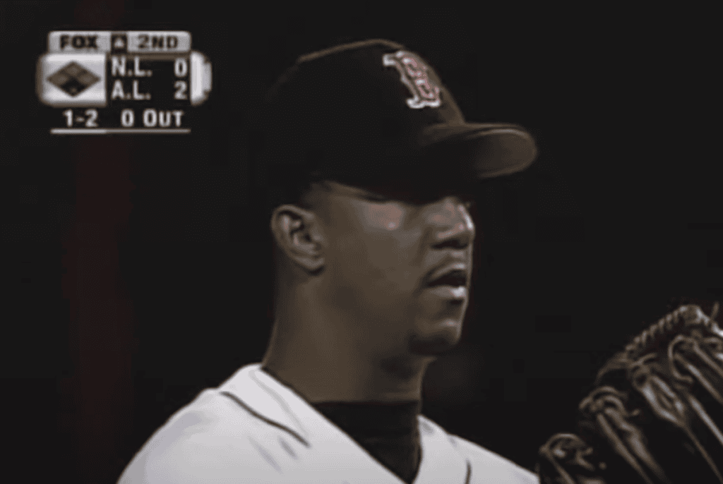 Pedro Martinez dominating the mound during the 1999 All-Star Game, showcasing his skill.
